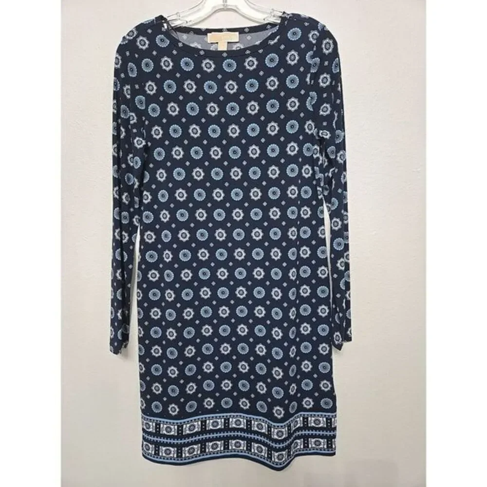 Michael Kors Women's Sheath‎ Midi Geometric Blue Dress Size Small